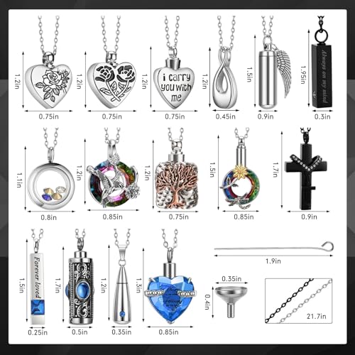 15 Pcs Urn Necklace for Ashes Women Keepsake Cremation Jewelry Stainless Steel Cross Heart Cubic Locket Ashes Necklace for Human Loved One2