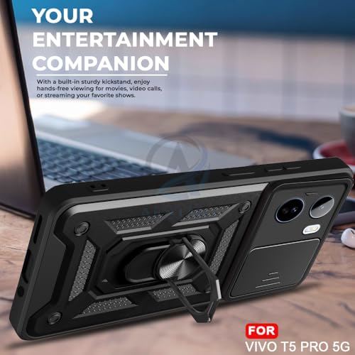 Image of AESTMO Tough Armor Vivo T5 Pro 5G Bumper Back Case Cover | Ring Holder & Sliding Camera Shield Cover | 360 Degree Protection Back Case Cover for Vivo T5 Pro 5G (Black)
