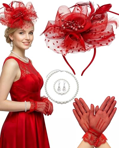 Thstdhy Fascinators Hats for Women Tea Party Fascinator Headband with Gloves Tea Party Accessories for Ladies Red