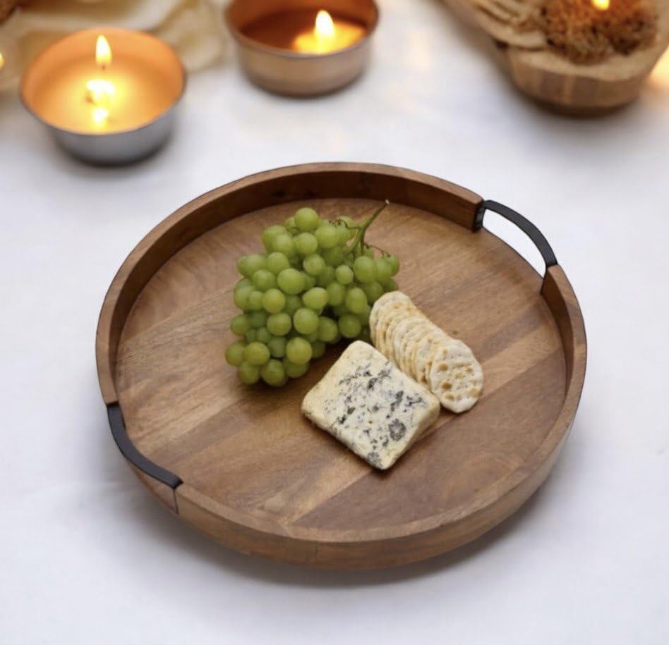 Craft Mshopr Round Wooden Serving Tray with Iron Handles - 11" Medium Brown Rustic Decorative Platter for Coffee Table, Breakfast, or Charcuterie - Farmhouse Style Wooden Tray, 1.5" Height (B0DBQYJBL6) Amazon Price History, Amazon Price Tracker