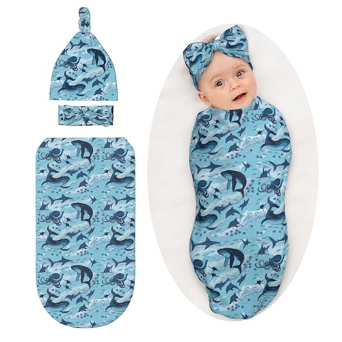 Image of Sea Waves Dolphins Sharks Whale Octopus Baby Stuff Swaddle Blanket Wrap Baby Newborn Blanket Soft Stretchy with Headband Hat Set Gift for Infant Boy Girl