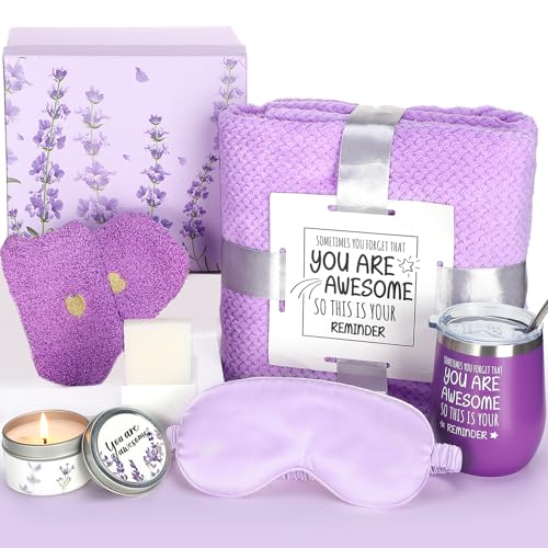 Ziliny 7 Pcs Sending Sunshine Gift Basket for Women Care Package Birthday Gift Box Sympathy Gift Baskets Thank You Gift Box with Inspirational Candle Blanket for Women Mom Sister Gift(Lavender)