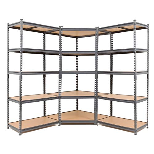 Estantería esquinera de acero gris con 2 estantes de almacenamiento, 1800 mm de alto x 900 mm de ancho y 450 mm de profundidad.