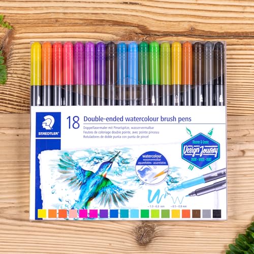 STAEDTLER 3001 TB18 Doppel-Fasermaler (feine Spitze und Pinselspitze, für Aquarell-Effekte) Klarfaltetui mit 18 brillanten Farben