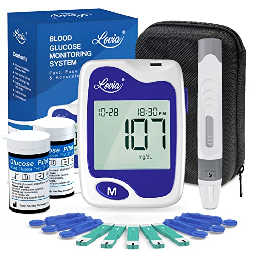 Diabetes Testing Kit - Lovia Blood Sugar Test Kit, 50 Glucometer Strips, 1 Lancing Device, 50 Lancets and Carrying Case, Glucose Meter Kit with Strips and Lancets, No Coding