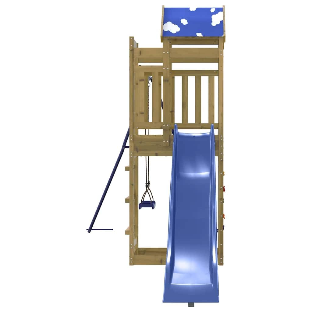 Spielturm aus imprägniertem Kiefernholz mit Rutsche Schaukel Sandkasten für Kinder im Garten, stabiles Klettergerüst mit Seil, Nest, Trapez, Ringe, Zubehör, Outdoor Spielhaus