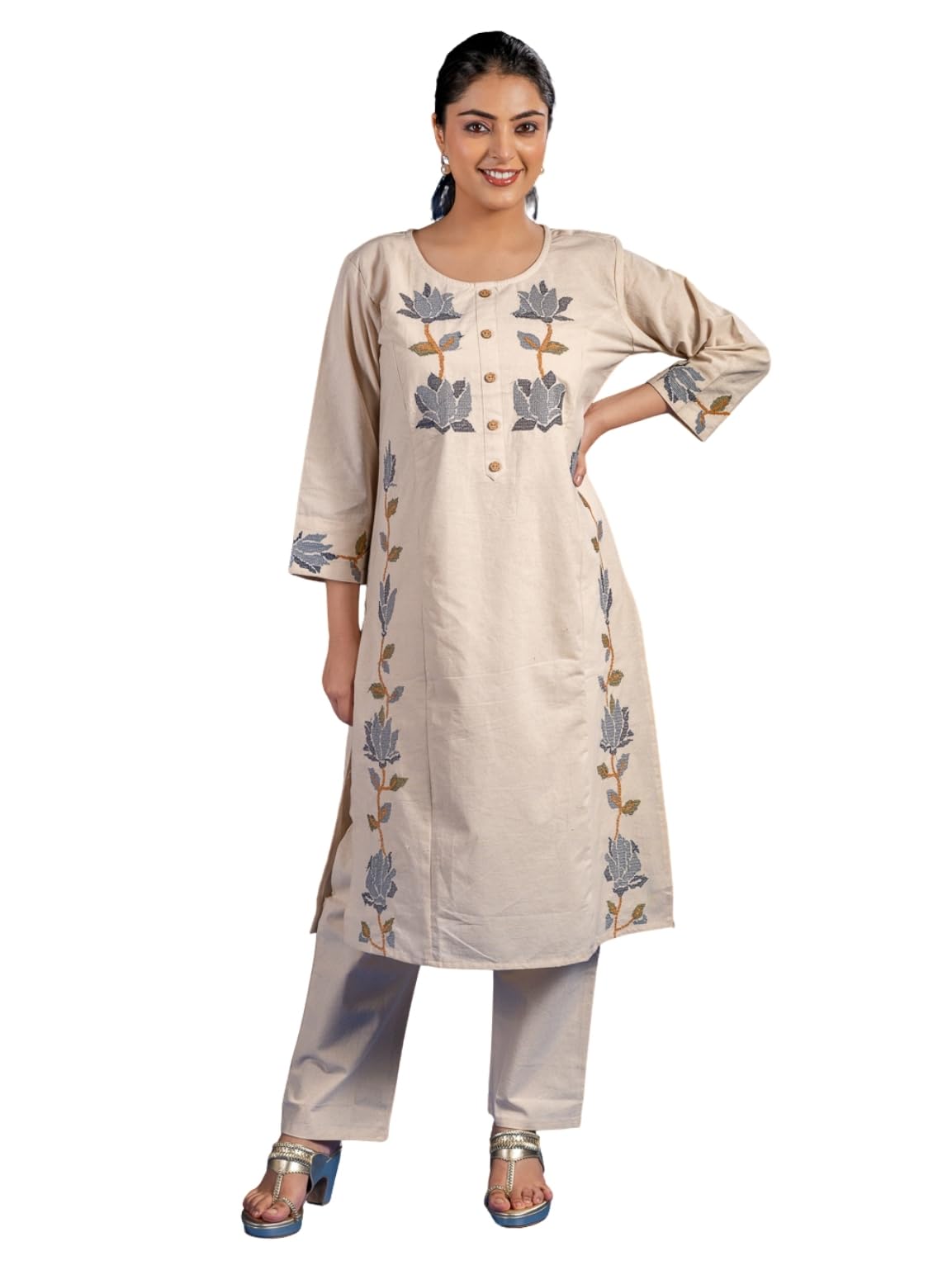 Women's Cream Khadi Embroidered Kurta Set with Pants | Soft Khadi Fabric | Breathable | Machine Embroidered | Fully Stitched-image-1
