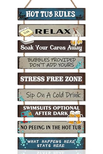 HPNIUB Funny Hot Tub Signs and Plaques Rustic Humorous Rules Wooden Hanging Wall Art No Peeing Spa Bathroom Decor Hot Tub Accessories Fun Gift for Pool Party Backyard Patio (27x5cm/10.6x1.9inch)