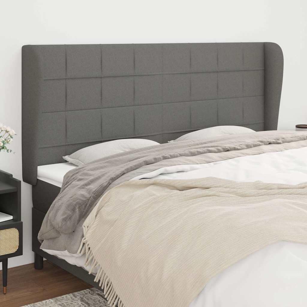 Tête de lit avec oreilles en tissu gris foncé rembourrée, 183 x 23 x 118/128 cm, hauteur réglable pour chambre à coucher, lit double, dossier confortable et repose-nuque