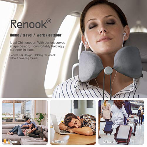 RENOOK Travel Pillow, 100% Pure Memory Foam Neck Pillow, Ideal for Airplane Travel, Improved Support Design – Machine Washable Cover.