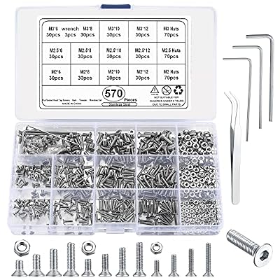 wugongshan 570 PiezasTornillos de Cabeza Hexagonal con Tuercas, Tornillos de Cabeza Avellanada, Tornillos Roscados de Plana de Acero Inoxidable para Muebles Garaje, M2 M2.5 M3