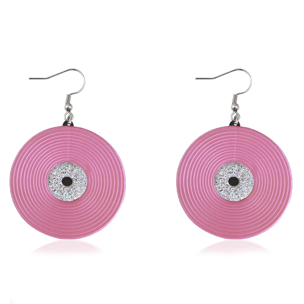 Pink Vinyl Record Dangle Hook Earrings for Women Acrylic Disc Circular Statement Fish Hooks Drop Dangling Hanging Earring Lightweight Christmas Music