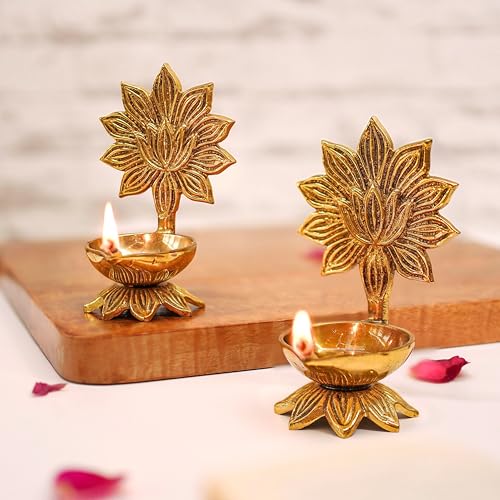 Image of Behoma 100% Pure Brass Lotus Diya Set of 2 for Puja | Traditional Handcrafted Brass Oil Lamp Diya for Home, Temple, Office, Pooja Room Decoration, Festive Rituals & Housewarming Gift Item