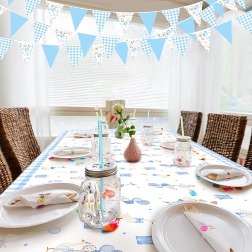 Image of 32Ft Goose Party Decorations Blue Gingham Plaid Silly Goose Themed Fabric Banner Triangle Pennant Flag Garland Streamers for Kids Boys Farm Animals First Birthday Baby Shower Duck Garden Supplies