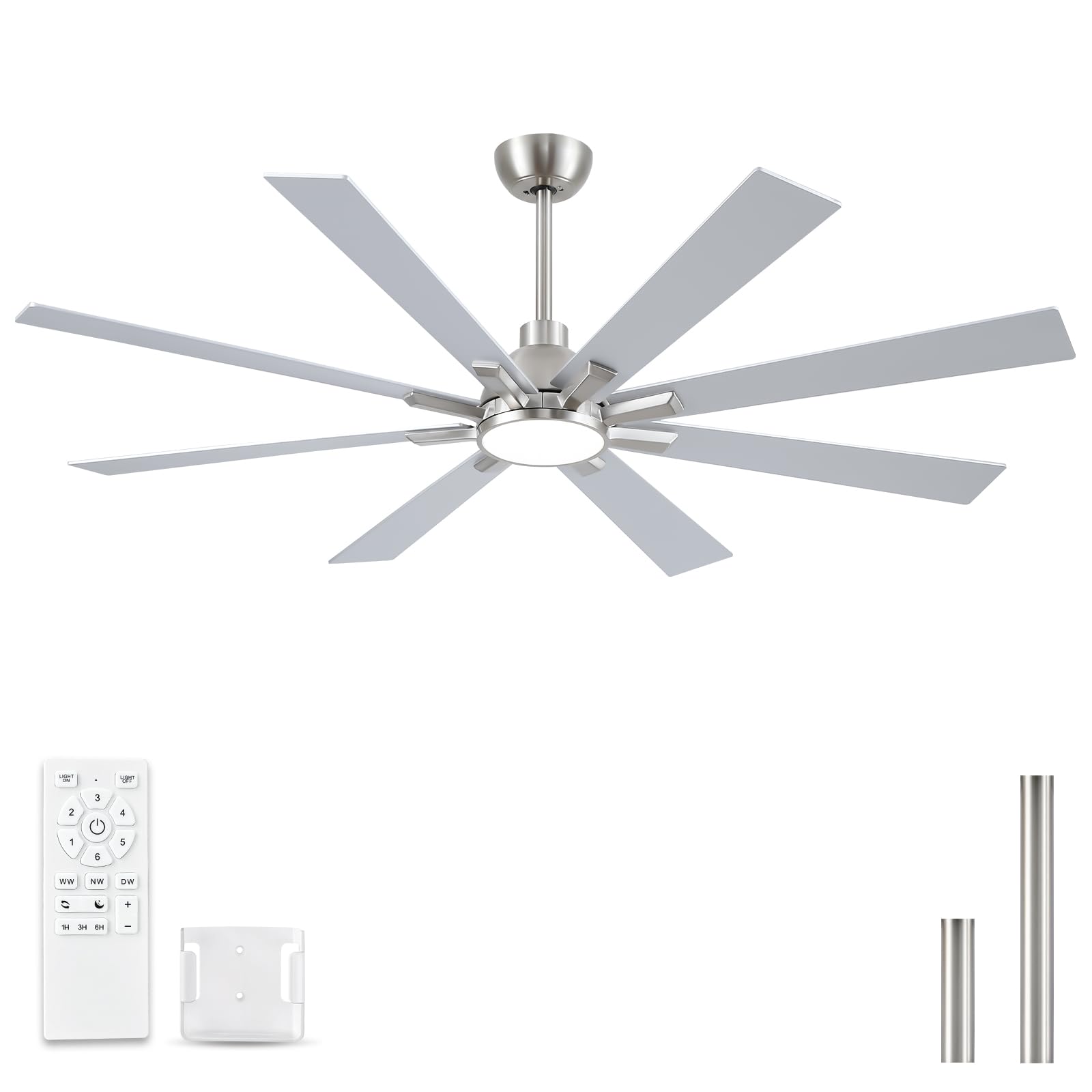 Realmate 62 Inch Ceiling Fans with Lights and Remote, Nickel Large Ceiling Fan for Bedroom Living Room Indoor/Outdoor, 6 Speed Reversible DC Motor,