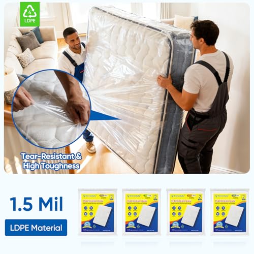 TICONN 2PK Plastic Mattress Bag for Moving Storage, Waterproof Mattress Protector Cover, Heavy-Duty Mattress Moving Supplies (1.5 mil, Queen)