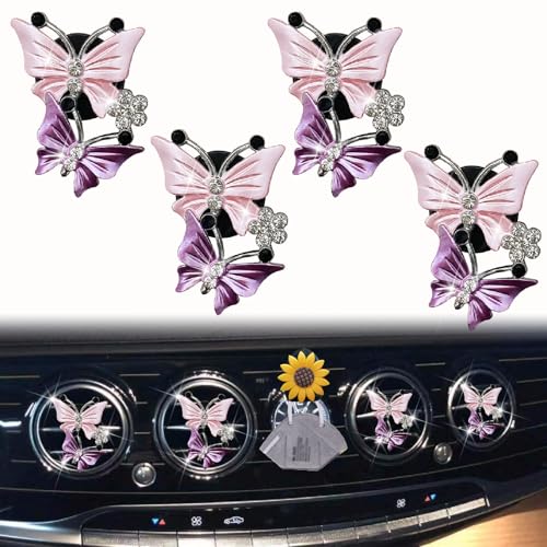 Image of 4 Pcs Butterfly Air Vent Clips, Car Vent Clips Dual Butterfly Air Vent Freshener Clip Decoration, Car Interior Decor Bling Cute Accessories Car Decoration for Women + Sunflower Mask Hook (Pink, 4)
