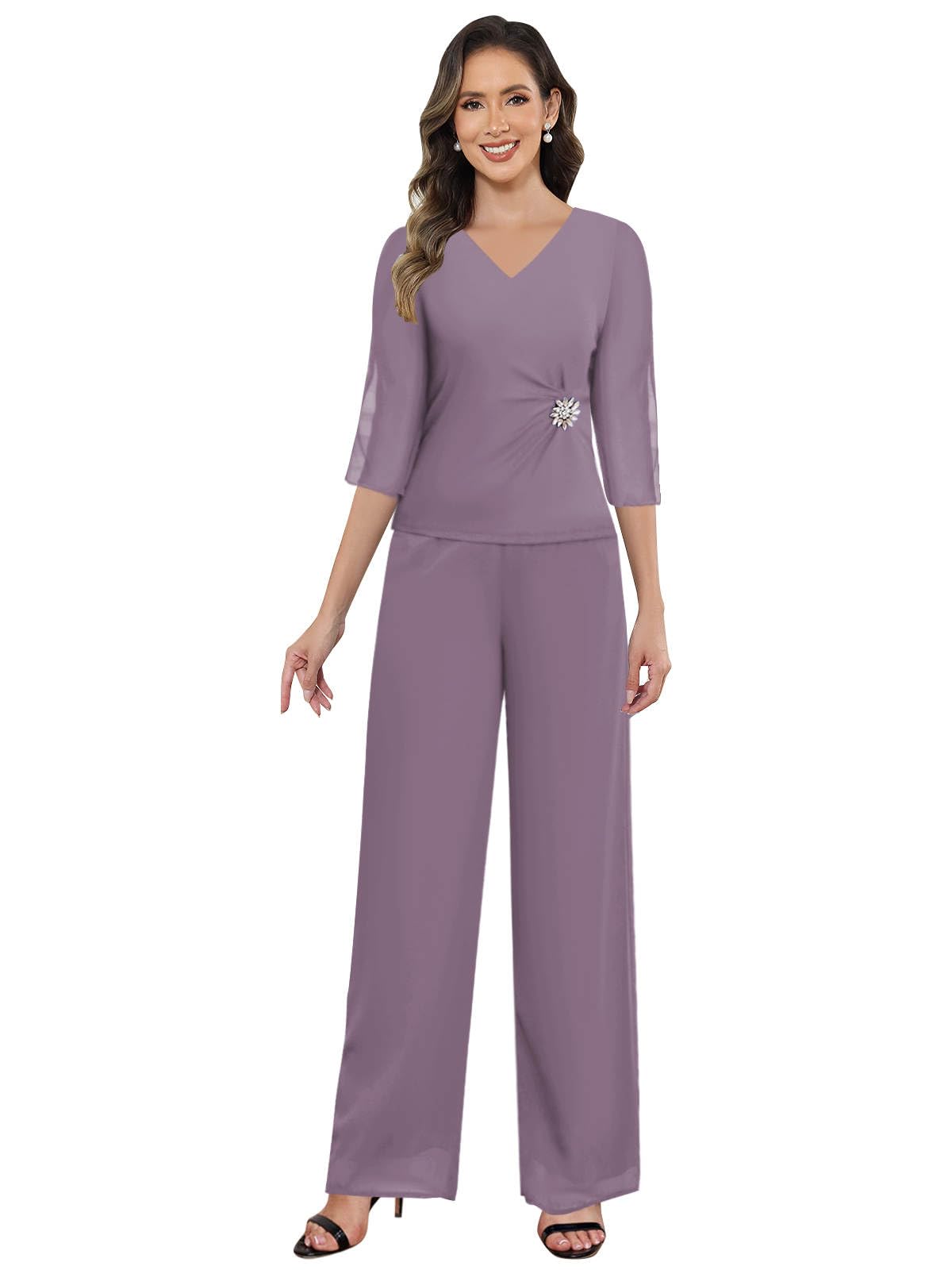 BONOYUER Mother of The Bride Pant Suits for Wedding 2 Pieces Half Sleeve Chiffon Wedding Guest Outfits