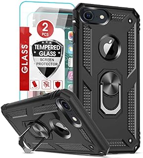 LeYi for iPhone SE 3 2022 Case,iPhone SE 2020 Case, iPhone 8/7 Case,iPhone 6/6S Case and 2 Tempered Glass Screen Protector,Ring Holder Shockproof Tough Protective Silicone TPU Armour Phone Cover Black