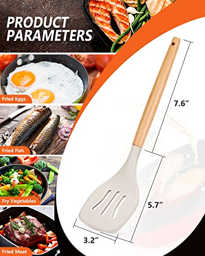 Pack Of 2 Silicone Spatula Set, Non Stick Cooking Utensils Wooden Handle Kitchen Turner For Baking Mixing Grilling Serving Food Heat Resistant Non Scratch Hooks Included (Khaki) #TOP3
