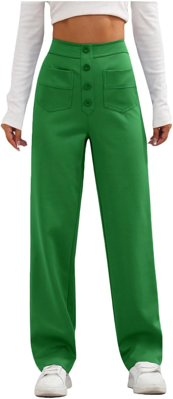 Dsaoteng Women's Emerald Green High Waist Stretch Pants - Spring Casual Stretchy Straight Leg Trousers With Multiple Pockets, Button Elastic Waist Flexi Pants For Work Business Everyday Wear (,M)