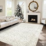 Picture of Area Rugs 6x9 Living Room Rug, Washable Vintage Boho Floral Rugs Non Slip Soft Low Pile Distressed Rug Stain Resistant Indoor Carpet for Bedroom Nursery Kitchen Dining Room Office Light Brown