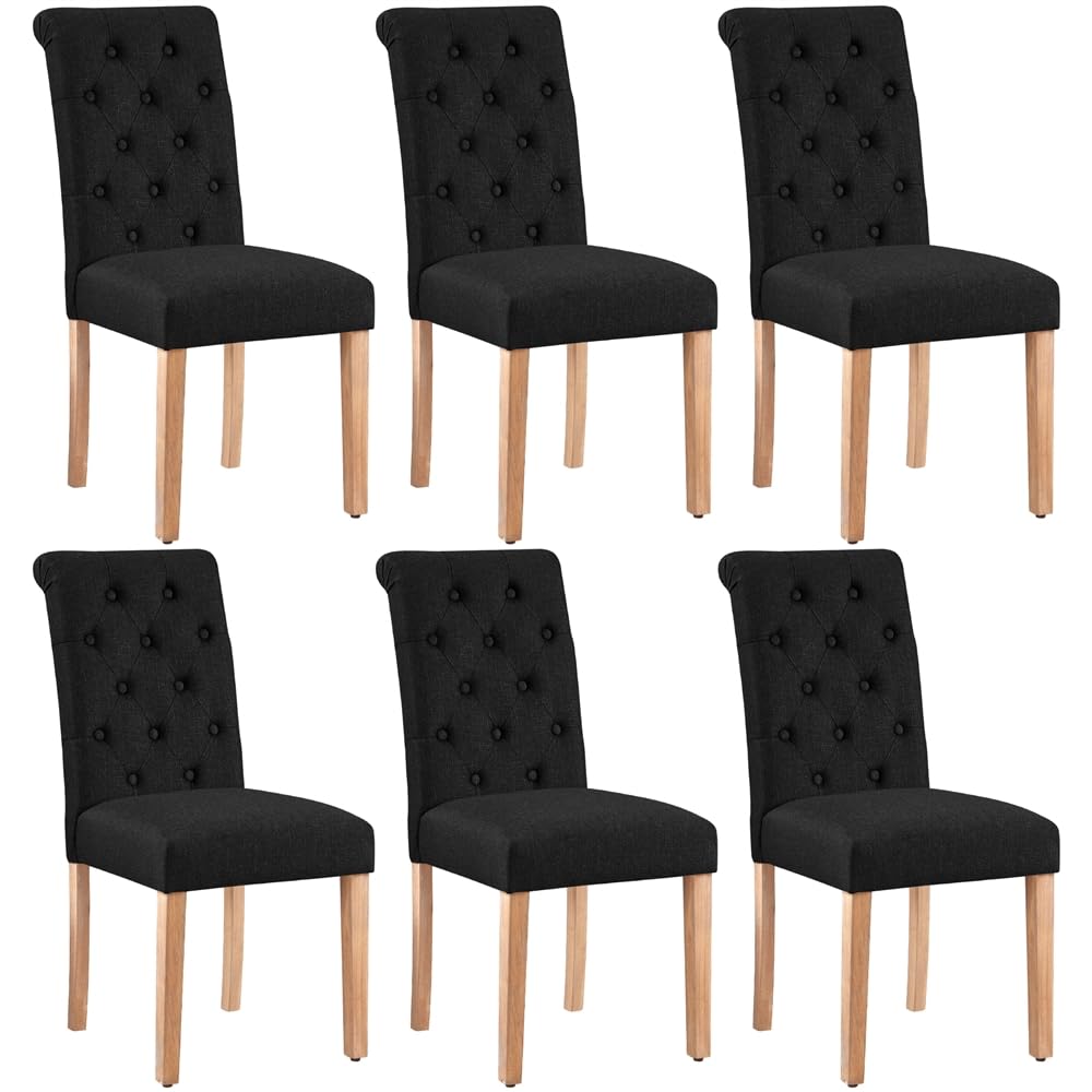 Yaheetech Classic Fabric Dining Chairs Set of 6 Upholstered High Back Kitchen Chairs Soft Padded Seat and Wooden Legs for Home and Restaurants Black