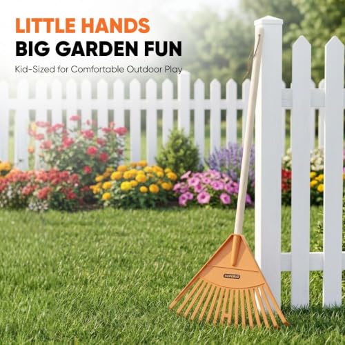 Image of Superio Kids Rake with Hardwood Handle, Durable Plastic Head to Sweep Leaves in Lawn and Tidying Up The Garden, 34 inch