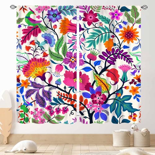 Boho Floral Curtains, Colorful Mandala Flower Leaf Vibrant Ethnic Paisley