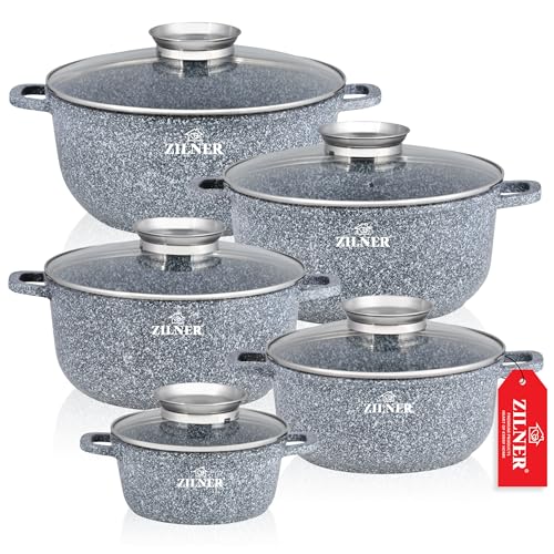 ZILNER® Kochtopf Set Induktion 5-Teilig - Topfset mit Glasdeckel - Töpfe für alle herdarten - 5x Kochtöpfe Ø16, 20, 22, 24, 26 cm - Antihaftbeschichtung aus Granit ZL-7055 (Granit)