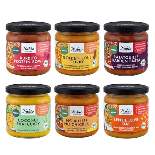 NABIO | Bio Fertiggerichte-Mix im 6er Pack I 1x Golden Soul Curry,1x Ratatouille Garden Pasta,1x No Butter No Chicken,1x Burrito Protein Bowl,1x Thai Coconut Curry,1x Lentil Love (5x350g, 1x330g)