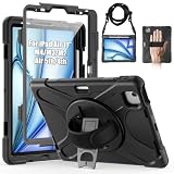 Gerutek Case for iPad Air 11-inch M4/M3/M2 (2026/2025/2024)/Air 5th/4th, Full-Body Shockproof Protective Case with Screen Protector, 360° Rotating Stand, Hand/Shoulder Strap, Pencil Holder, Black