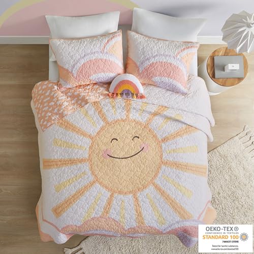 Reversible Dawn Sunshine Printed Cotton Quilt Set with Throw Pillow - Yellow/Coral, 100% Cotton Quilt/Sham, Soft Cotton Cover & Poly Fill Pillow, Cozy Bedding Decor
