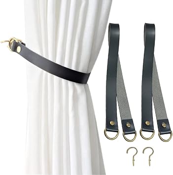 Leather Curtain Tiebacks 2 Pcs Curtain Tiebacks,Leather Curtain Rod Holder,Holdbacks for Office Living Room Cafe Balcony Curtain Buckle DecorativeBlack