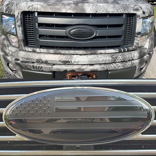 Image of 2 Pack Compatible for 2004-2014 F150 Front Grille Rear Tailgate Emblem, 9 inch Black Oval American Flag Emblem Fits 11-14 Edge, 11-16 Explorer, 06-11 Ranger, 07-14 Expedition