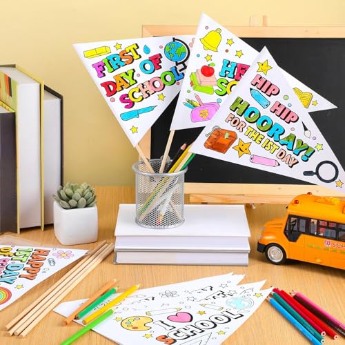 Image of 36 Packs First Day of School Flag Crafts Back to School Crafts Color Your Own Pennant Flag for Classroom Photo Prop Preschool Welcome Decor