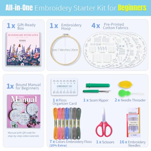 Image of ETSPIL Beginner Embroidery Kit, 4K Video, 4 Floral Patterns, Gift Box | 4 Pre-Printed Wreath Designs. Embroidery Stitch Book Kit, Step-by-Step. 20% Extra Floss. Easy to Start, Relaxing Craft