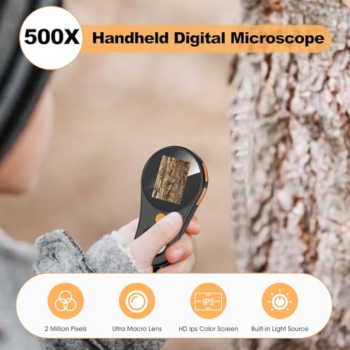 Image of Handheld Digital Microscope, Fixed Focus Portable Microscope, Digital Microscope with 2in Color Screen, 200W Pixel, 500x Magnification Digital Magnifying Glass with 8LED Lights
