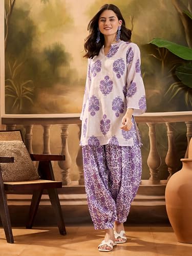 Image of EthnicJunction Women's Linen Floral Print Summer Wear Straight Short Kurti With farshi Salwar Set | Kurta Pant Set | Office wear Kurta Set | farsi salwar suit | raksha bandhan gift dress for women