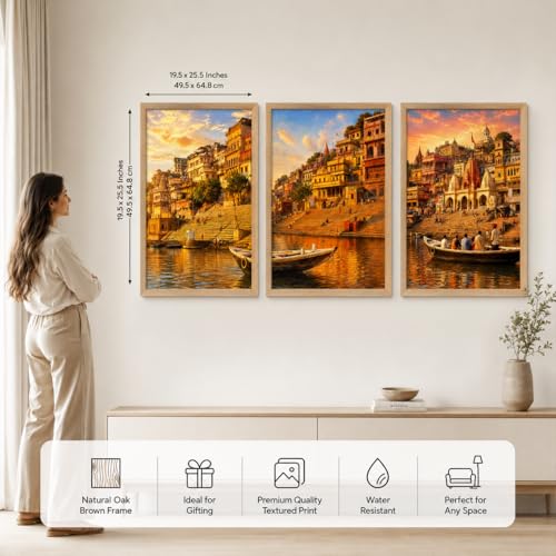 Image of Livin'luxe Set of 3 Banaras Ghat Wall Paintings for Living Room Bedroom Hallway Home Decor with Premium Wooden Color Synthetic Frame (25.5 x 19.5 Inch) NM03-62