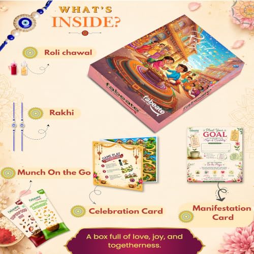Image of Fabeato Raksha Bandhan Gift Box | Rakhi Hamper with Healthy Snacks |2 Rakhis| Roli Chawal |Goal Card | Activity Game