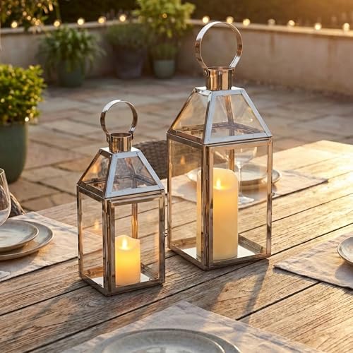 TRIROCKS Set of 2 Stainless Steel Decorative Lanterns 34cm &26cm H Metal Candle Holders with Tempered Glass for Home Decor Living Room Parties Events Tabletop Indoors Outdoors(Silver)