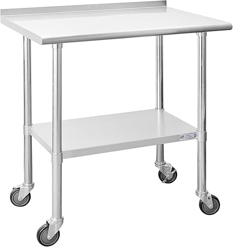 Mesa de acero inoxidable para preparación y trabajo, con ruedas giratorias, mesa resistente, comercial NSF, con estante inferior y protector para