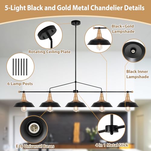 Image of Modern Linear Chandelier 5-Light Black and Gold Chandelier Dia 61''