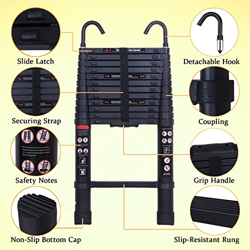 Black Telescoping Ladder 12.5Ft Extension Ladder Telescopic Ladder Loft Attic Collapsible Ladder With 2 Detachable Hooks Adjustable Height Safety Lock For Roof Rv Indoor Outdoor En131 Safe Standard … #TOP2