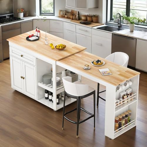 CayugaCrekrd 81.5' Kitchen Island with Extendable Dining Table, Rolling Kitchen Cart on Wheels with Spice Rack, Drawer and Door Cabinet for Dining Room, White