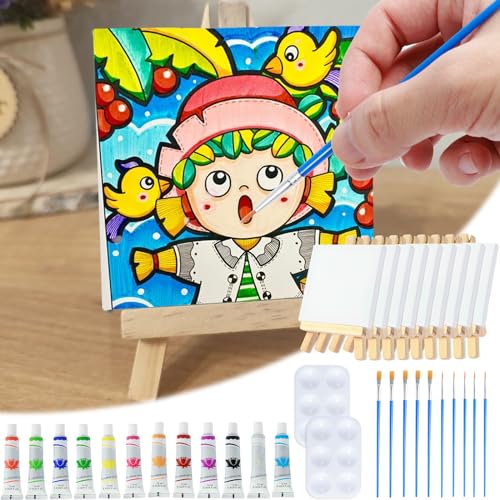 Conjunto de 34 peças de mini lona e cavalete com paletas de tinta acrílica, mini kit de pintura em tela, tela de pintura criativa com mini cavalete de mesa para pintar e beber artigos de festa