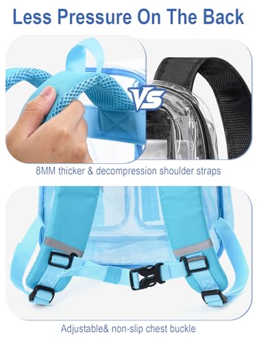 Image of Heavy Duty Clear Backpack For School, 17 Inch Large Clear Bookbag For Kids Boys Girls Women Men, 360 3M Reflective Strips See Through Backpack, Multi-Pockets Tranparent Bag, Light Blue