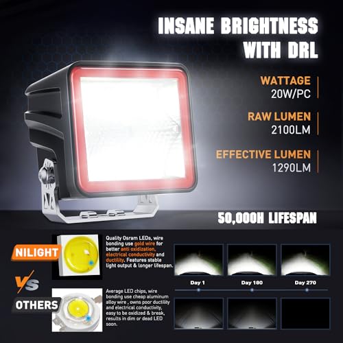 Image of Nilight 3 Inch Cube LED Pod Light Bar 20W 2100LM Super Flood Screw-Less Offroad Driving Work Lights w /16AWG DT Wiring Harness Kit for Truck UTV 4x4 ATV Motorcycle