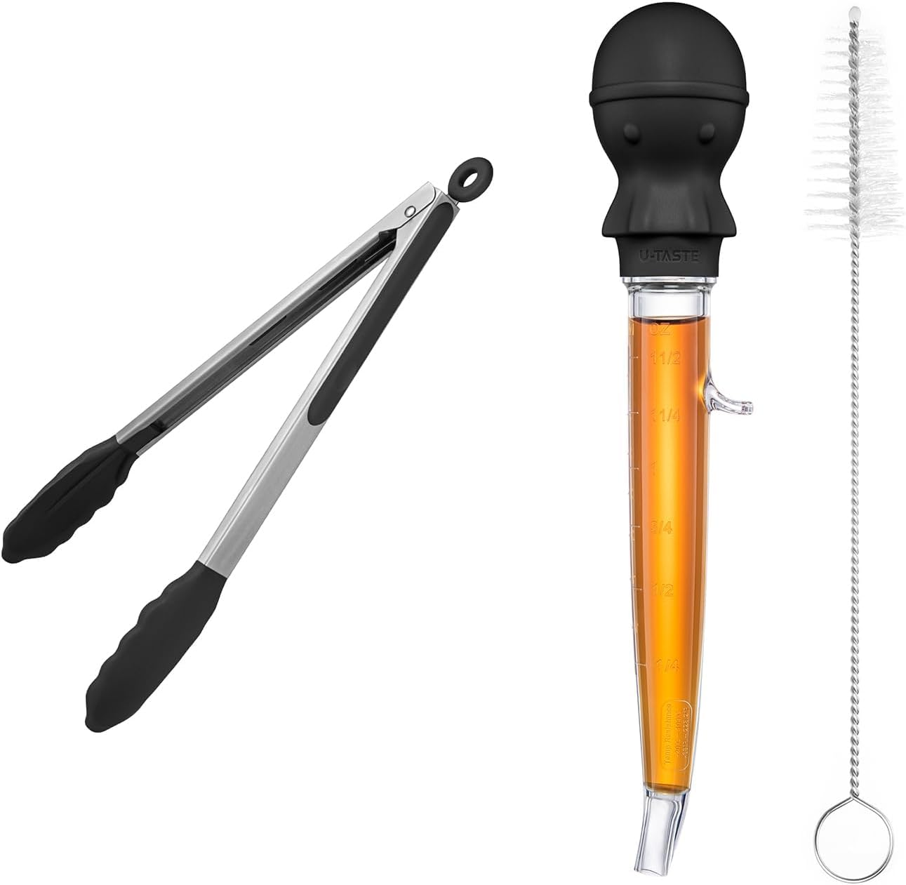 U-Taste 228.2℉ Heat Resistant BPA Free 1.5 oz Angled Turkey Baster, and 600℉ Heat Resistant 12in Kitchen Cooking Tong with Silicone Tip (Black)